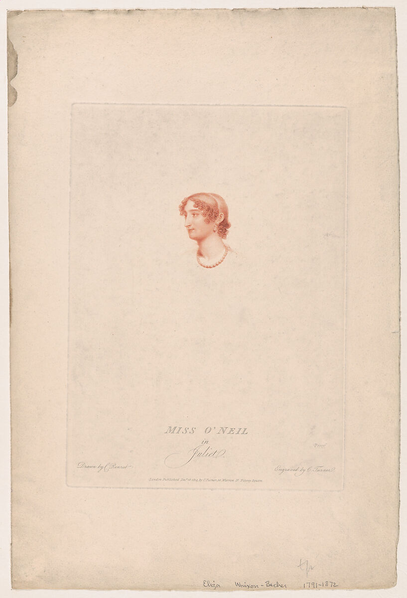 Miss O'Neil in Juliet, Drawn, engraved and published by Charles Turner (British, Woodstock, Oxfordshire 1774–1857 London), Stipple engraving, printed in red ink 