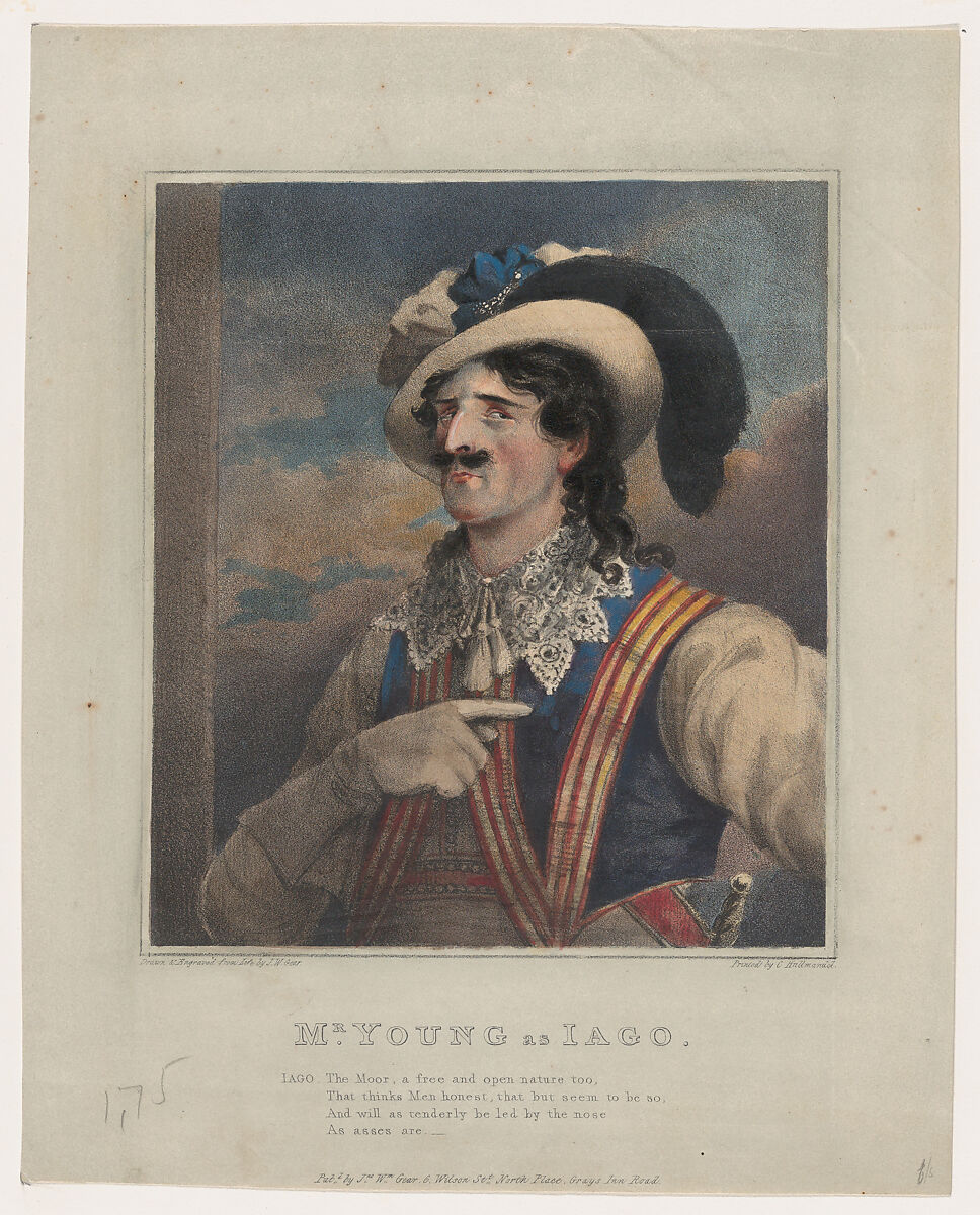 Mr. Young as Iago, John William Gear (British, ca. 1799–1866), Hand colored lithograph 