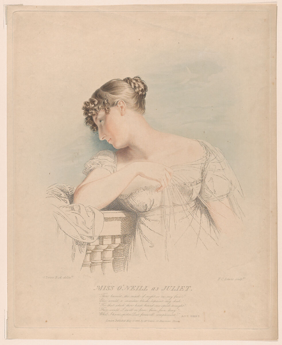 Miss O'Neill as Juliet, Designed and published by George Dawe (British, London 1781–1829 London), Stipple engraving and soft-ground etching, printed in color 