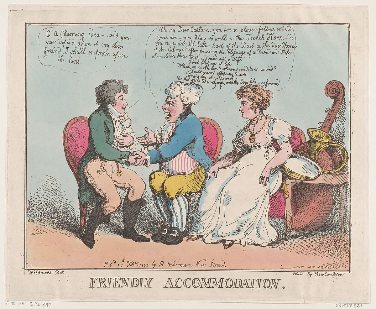 Friendly Accommodation, Thomas Rowlandson (British, London 1757–1827 London), Hand-colored etching 