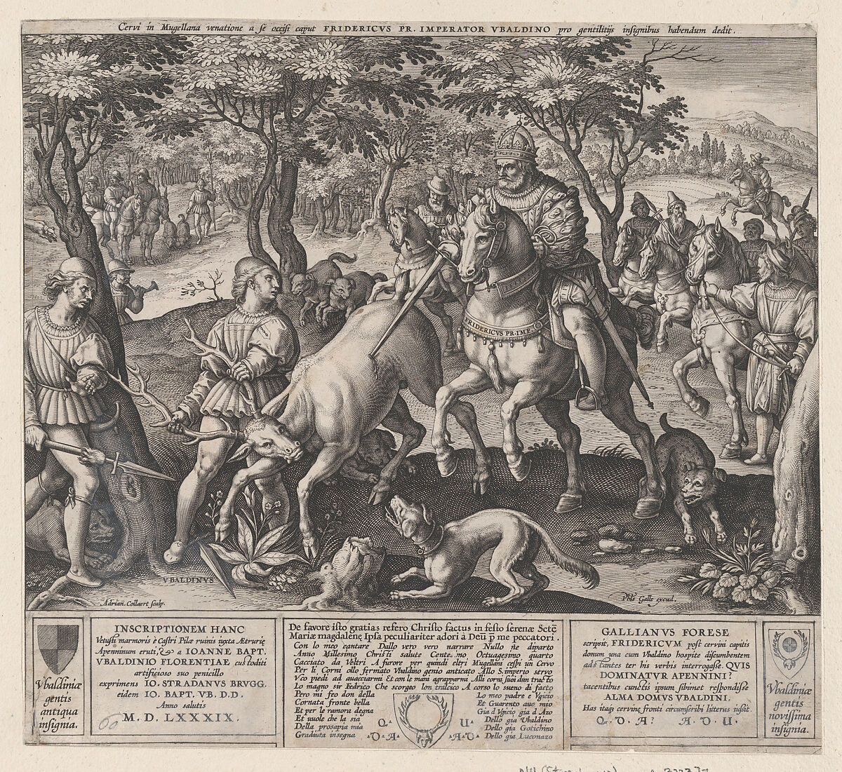 The Deer Hunt of Emperor Frederick I Barbarossa and Ubaldino Ubaldini, After Jan van der Straet, called Stradanus (Netherlandish, Bruges 1523–1605 Florence), Engraving 