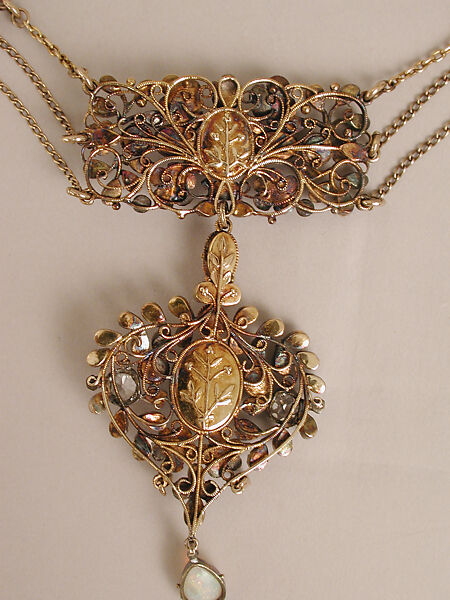Necklace, Arthur Joseph Gaskin (British, Birmingham 1862–1928 Chipping Campden), Gold, silver, opal, seed pearl, pink tourmaline, diamond, green glass, British, Birmingham