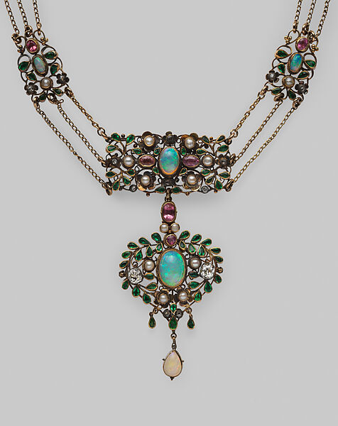 Necklace, Arthur Joseph Gaskin (British, Birmingham 1862–1928 Chipping Campden), Gold, silver, opal, seed pearl, pink tourmaline, diamond, green glass, British, Birmingham