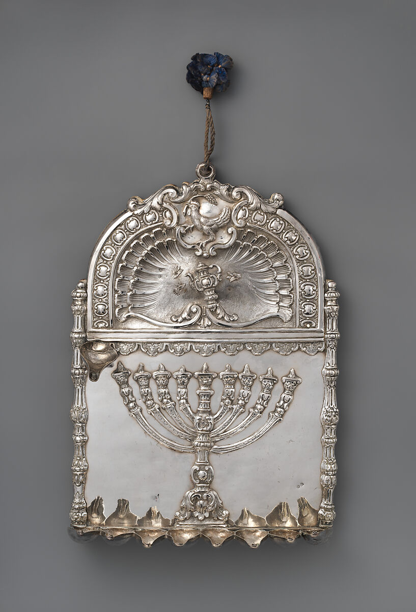 Baraffael Family Hanukkah Lamp, Gaspare Vanneschi (Italian, active Rome, 1758–1787), Silver, embossed, engraved, punched; soft wood back support, Italian, Rome 