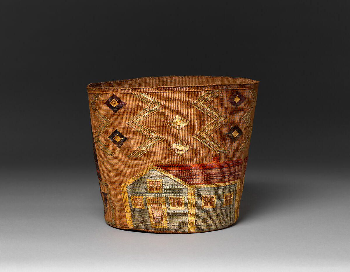 Basket, Spruce root and dyed and undyed beach or rye grass, Tlingit, Native American 