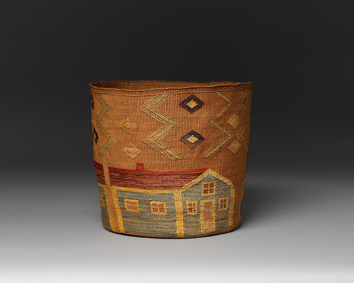 Basket, Spruce root and dyed and undyed beach or rye grass, Tlingit, Native American