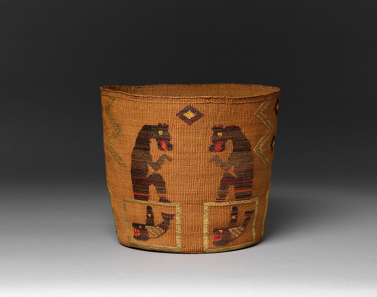 Basket, Spruce root and dyed and undyed beach or rye grass, Tlingit, Native American