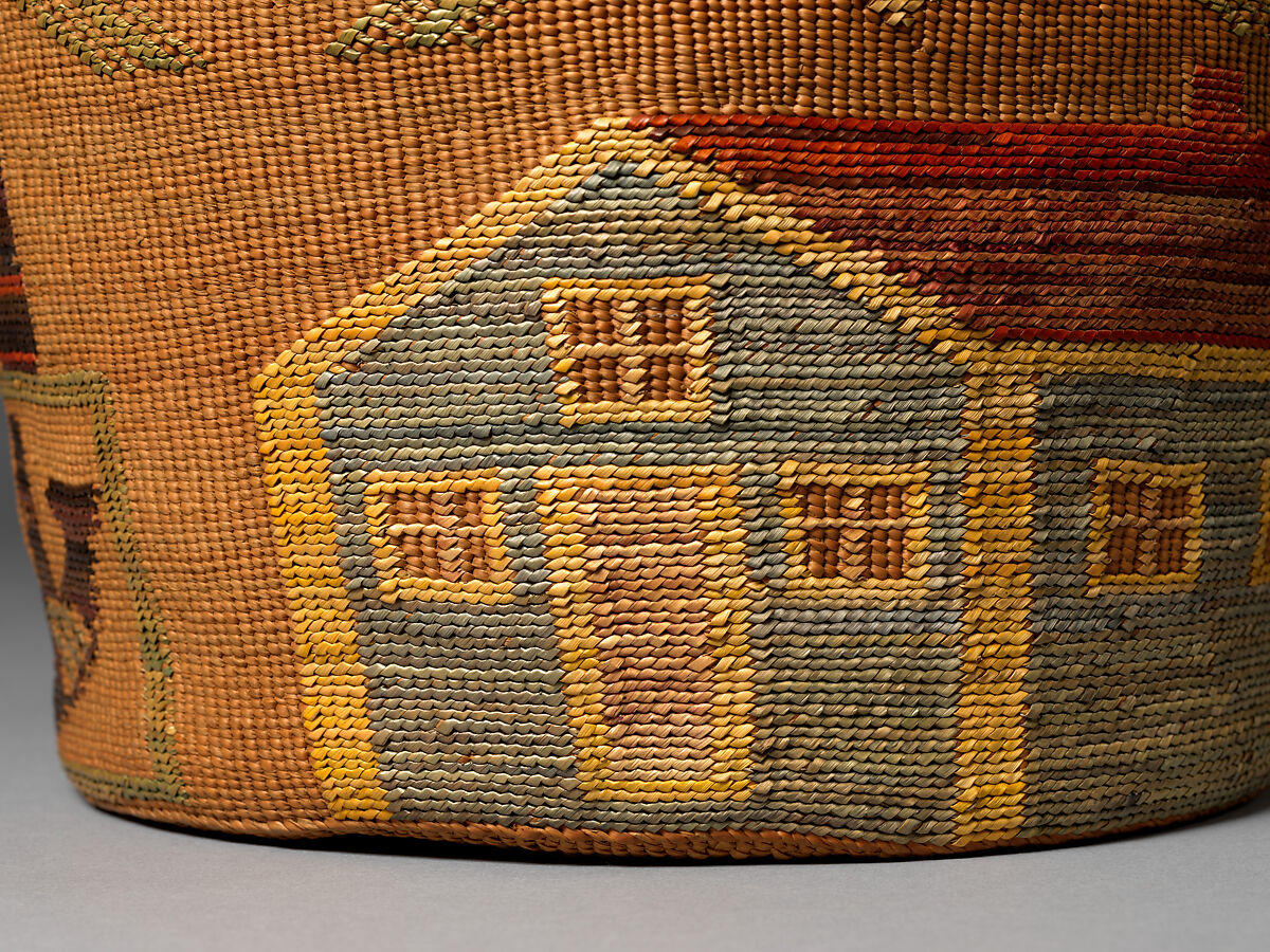 Basket, Spruce root and dyed and undyed beach or rye grass, Tlingit, Native American