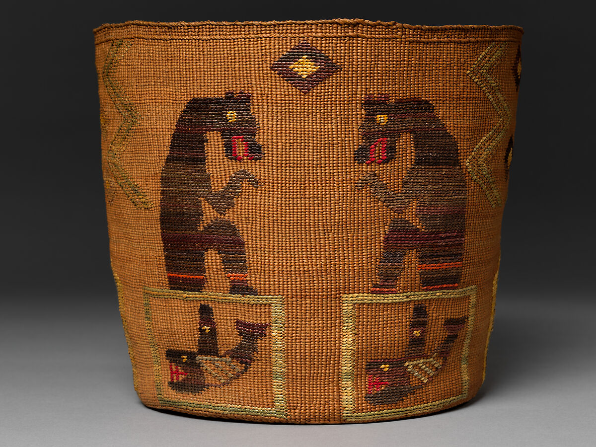 Basket, Spruce root and dyed and undyed beach or rye grass, Tlingit, Native American