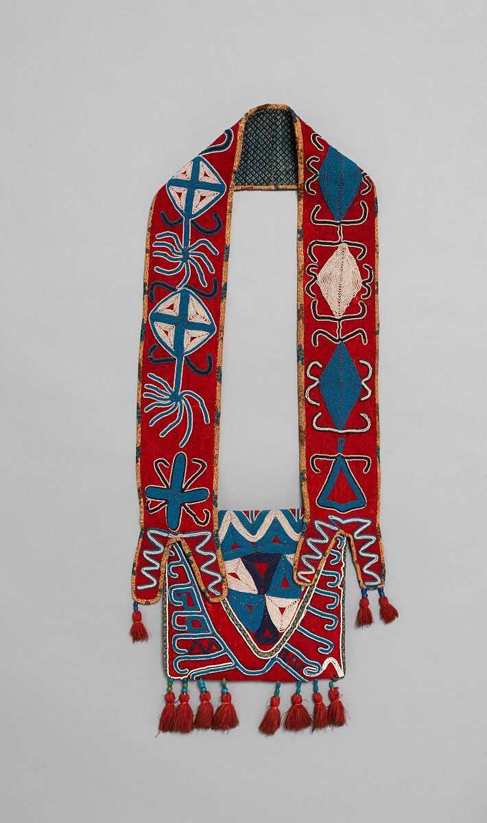 Shoulder bag, Wool cloth, cotton cloth, wool yarn, glass beads, and silk ribbon, Seminole, Native American 