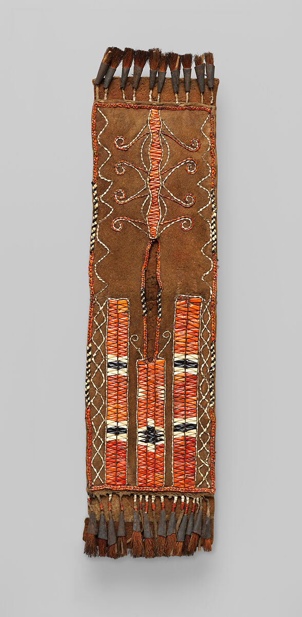 Belt pouch, Tanned leather, porcupine quills, dye, metal cones, and deer hair, Haudenosaunee/ Iroquois (?), Native American 