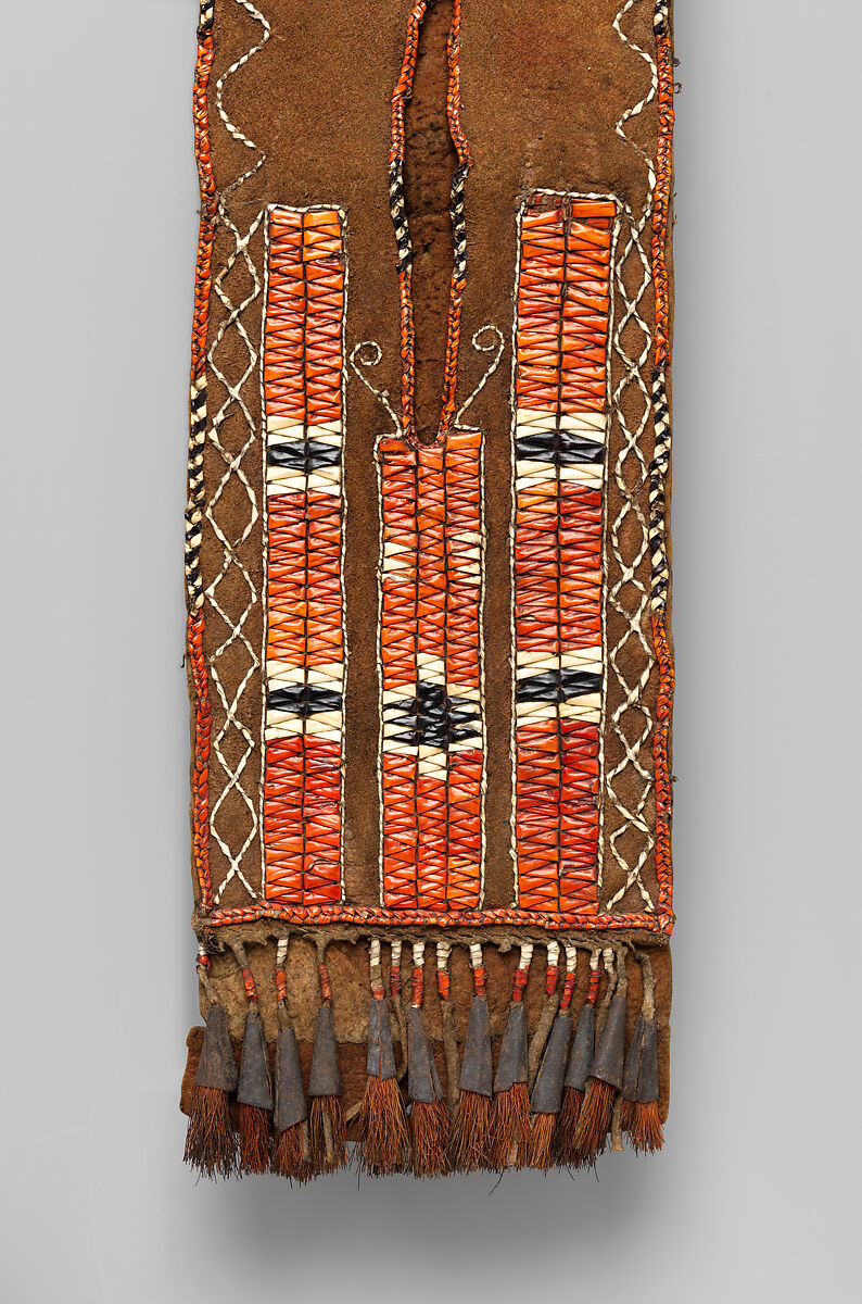 Belt pouch, Tanned leather, porcupine quills, dye, metal cones, and deer hair, Haudenosaunee/ Iroquois (?), Native American