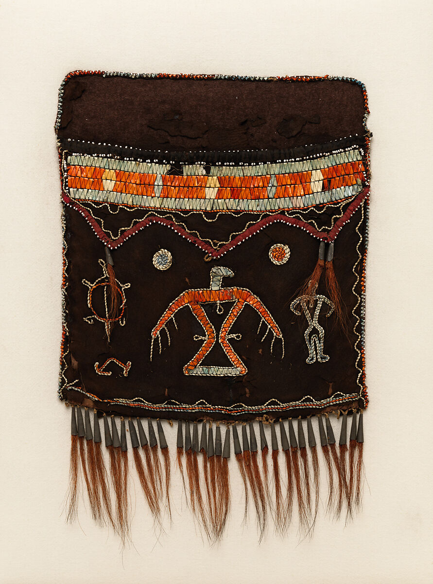 Shoulder bag (missing strap), Tanned leather, porcupine quills, dye, glass beads, silk ribbon, metal cones, and deer hair, Anishinaabe, possibly Mississauga Ojibwa, Native American