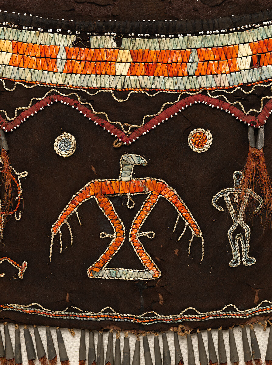 Shoulder bag (missing strap), Tanned leather, porcupine quills, dye, glass beads, silk ribbon, metal cones, and deer hair, Anishinaabe, possibly Mississauga Ojibwa, Native American