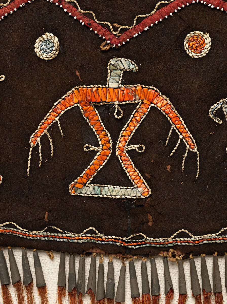 Shoulder bag (missing strap), Tanned leather, porcupine quills, dye, glass beads, silk ribbon, metal cones, and deer hair, Anishinaabe, possibly Mississauga Ojibwa, Native American