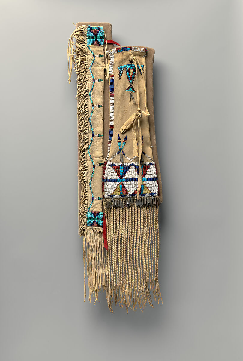 Tobacco bag with pipe-stem case, Tanned leather, glass beads, wool cloth, metal cones, and horsehair, Northern Cheyenne, Native American 