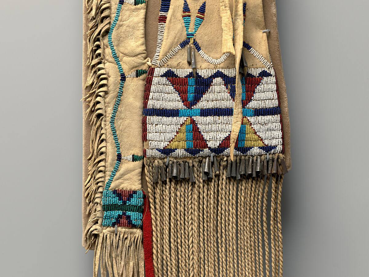 Tobacco bag with pipe-stem case, Tanned leather, glass beads, wool cloth, metal cones, and horsehair, Northern Cheyenne, Native American