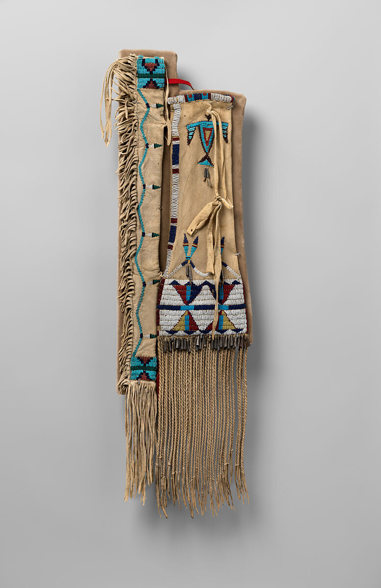 Tobacco bag with pipe-stem case, Tanned leather, glass beads, wool cloth, metal cones, and horsehair, Northern Cheyenne, Native American
