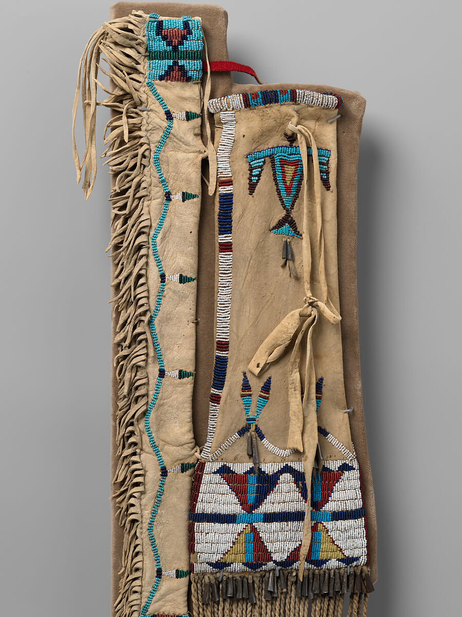 Tobacco bag with pipe-stem case, Tanned leather, glass beads, wool cloth, metal cones, and horsehair, Northern Cheyenne, Native American