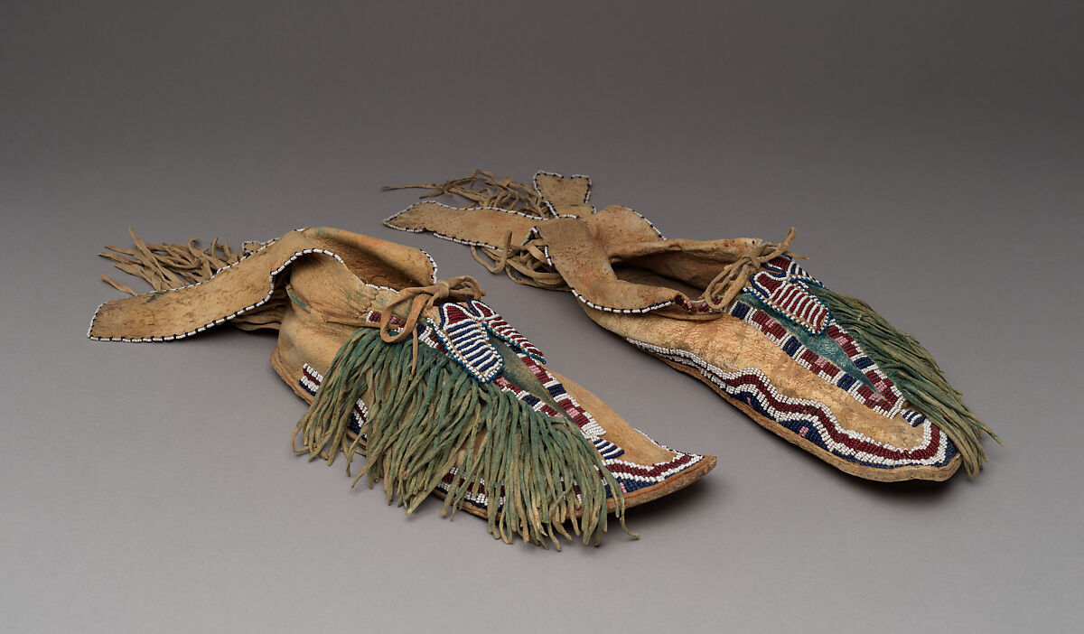 Man's moccasins, Tanned leather, glass beads, and pigment, Comanche, Native American 