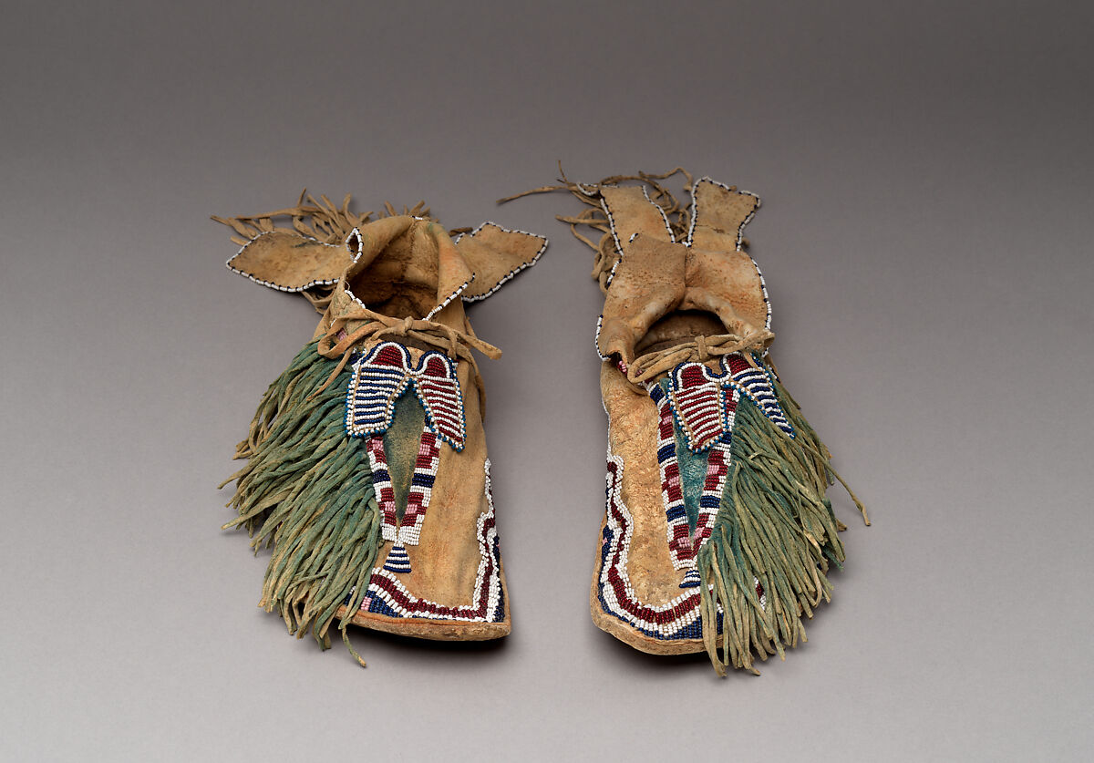 Man's moccasins, Tanned leather, glass beads, and pigment, Comanche, Native American