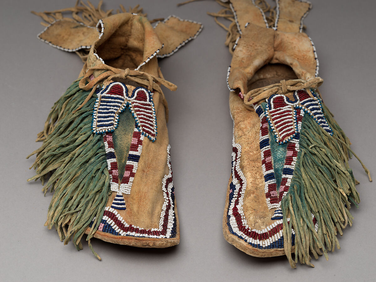Man's moccasins, Tanned leather, glass beads, and pigment, Comanche, Native American
