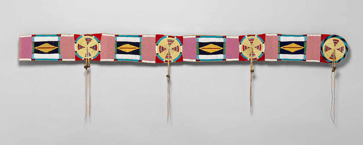 Blanket strip, Tanned leather, glass beads, horsehair, porcupine quills, dye, wool cloth, and brass bells, Niimíipuu / Nez Perce , Native American 