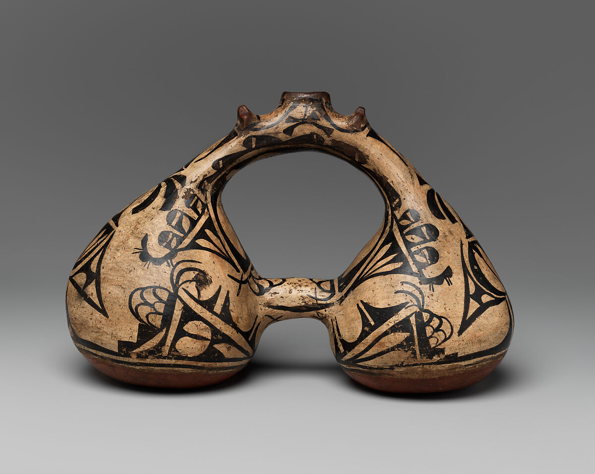 Double-lobed polychrome canteen, Clay and pigment, Tewa (San Ildefonso Pueblo), Native American