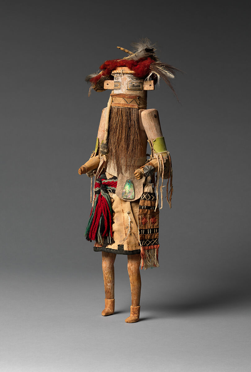Hiilili Kokko (Katsina Figure), Cottonwood, pigment, cotton cloth, wool yarn, tanned leather, feathers, horsehair, vegetal fiber, metal, and paper, Zuni, Native American