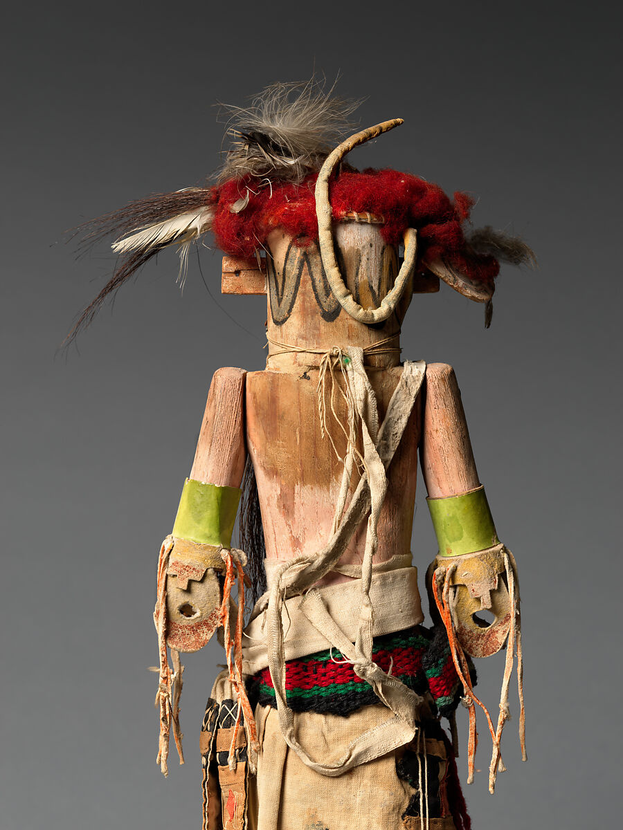 Hiilili Kokko (Katsina Figure), Cottonwood, pigment, cotton cloth, wool yarn, tanned leather, feathers, horsehair, vegetal fiber, metal, and paper, Zuni, Native American