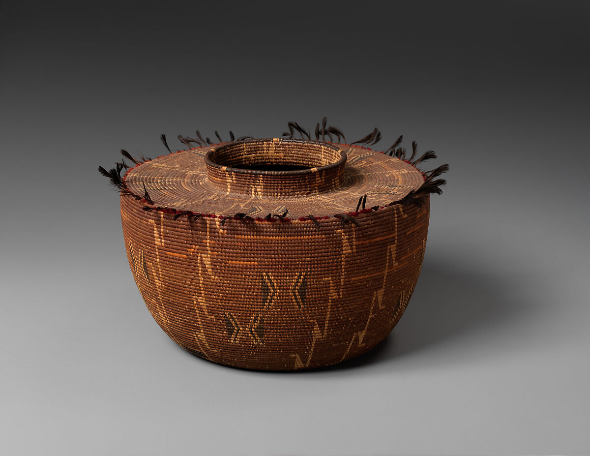 Bottleneck basket, Yucca root, devil’s claw, sumac shoots, quail topknot feathers, and wool yarn, Tubatulabal, Native American