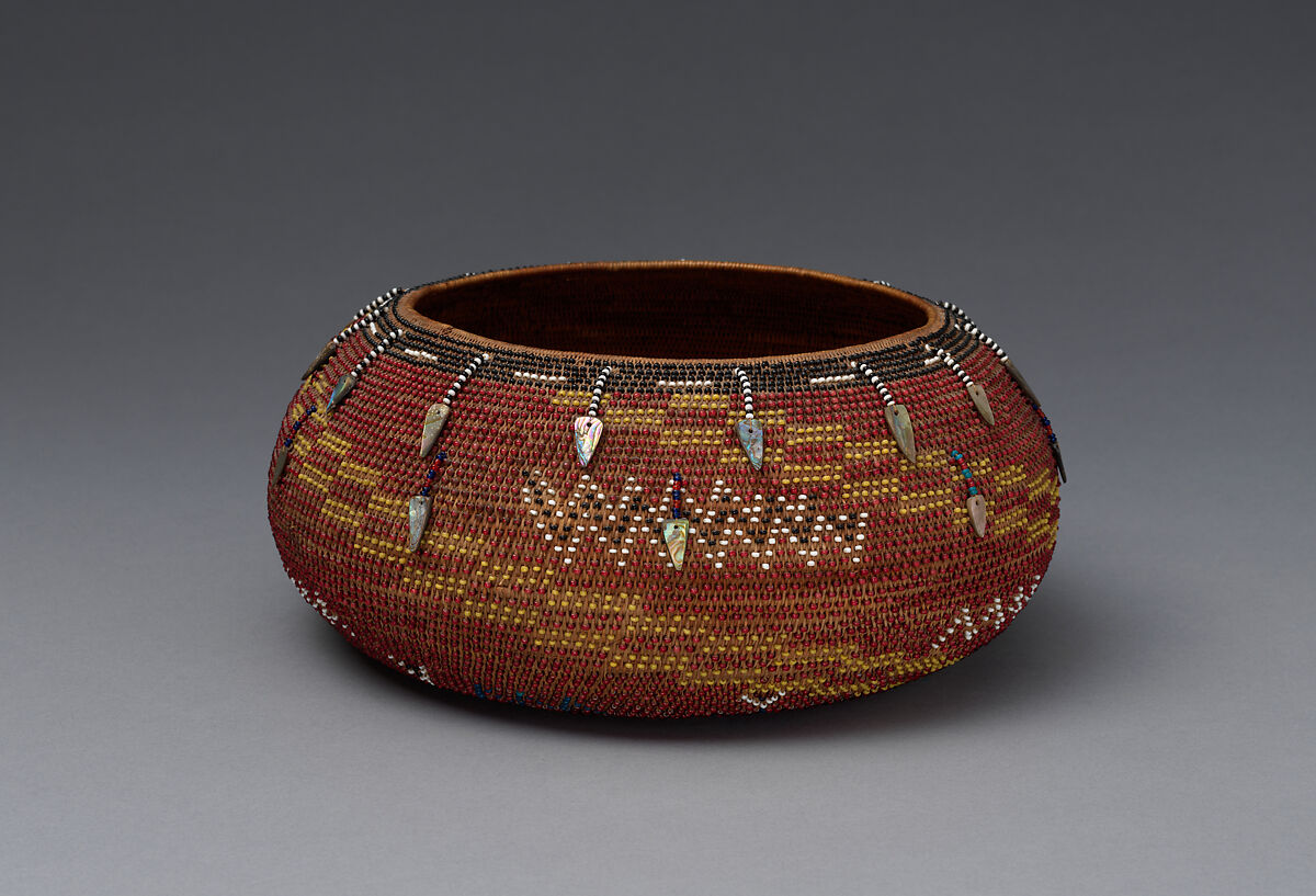 Gift basket, Sedge root, willow shoots, glass beads, and abalone shell, Pomo, Native American