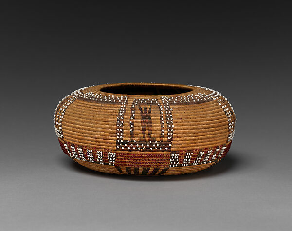 Gift basket, Belle Hidreth Varriel (Pomo, 1882–1952), Willow shoots, sedge root, dyed and undyed bulrush roots, and glass beads, Pomo, Native American 