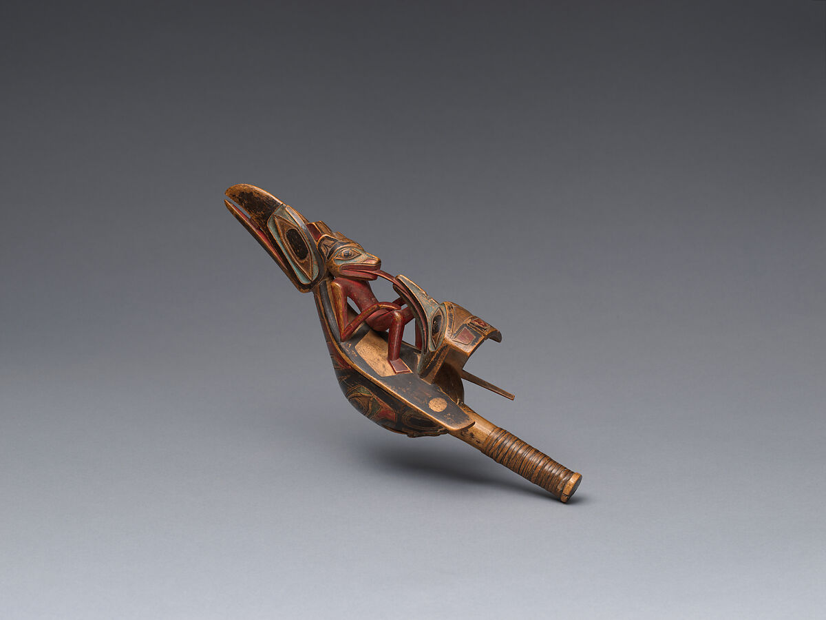 Raven rattle, Attributed to Albert Edward Edenshaw (Haida, 1812–1894), Wood, pigment, glass beads and vegetal fiber, Haida, Native American