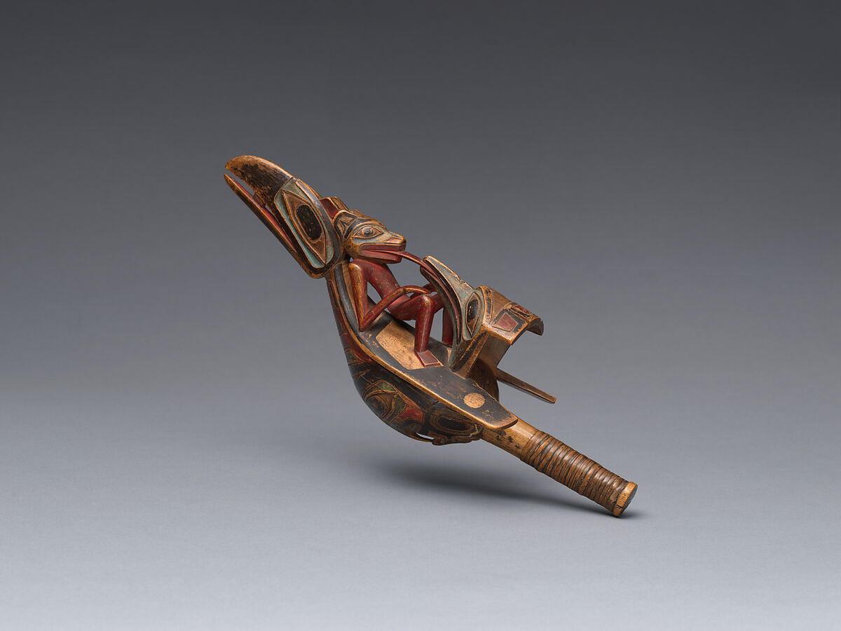 Raven rattle, Attributed to Albert Edward Edenshaw (Haida, 1812–1894), Wood, pigment, glass beads and vegetal fiber, Haida, Native American 