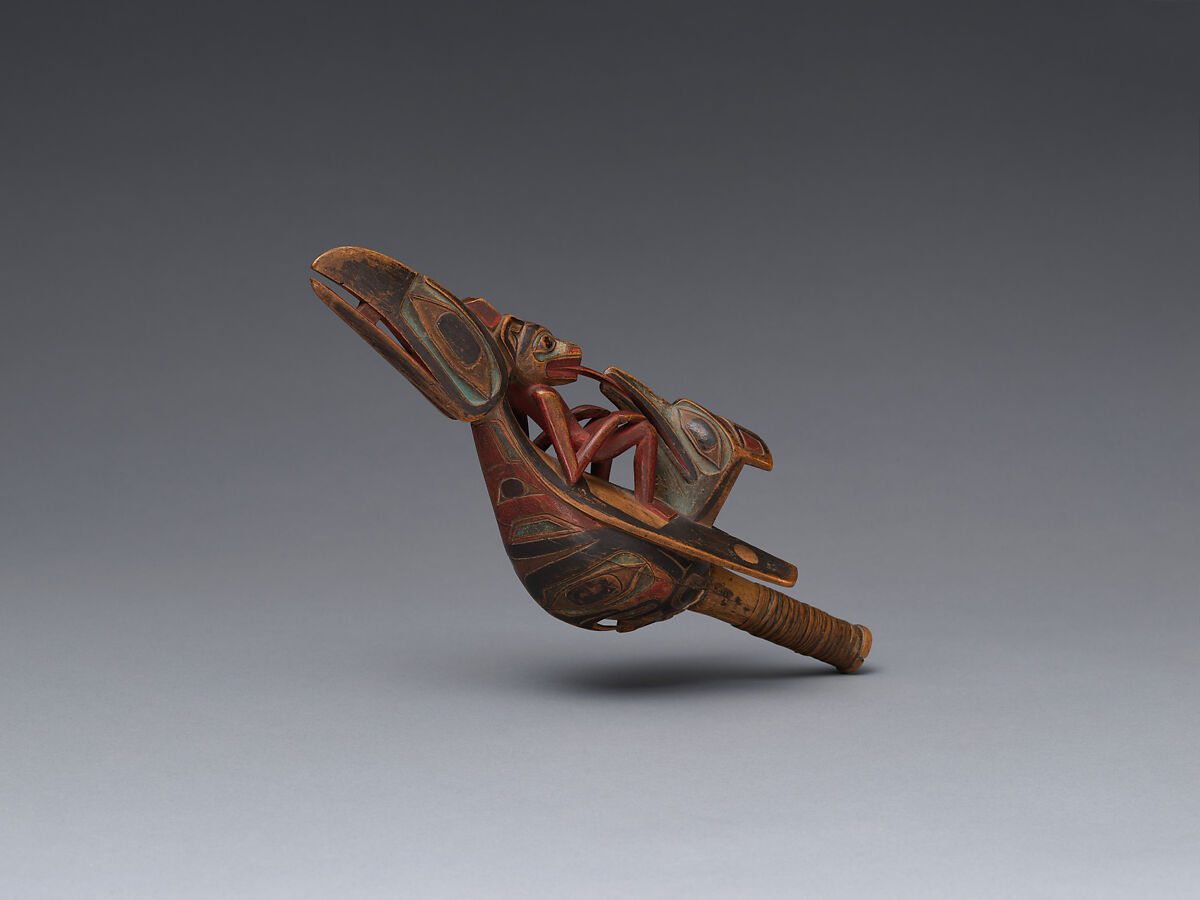 Raven rattle, Attributed to Albert Edward Edenshaw (Haida, 1812–1894), Wood, pigment, glass beads and vegetal fiber, Haida, Native American
