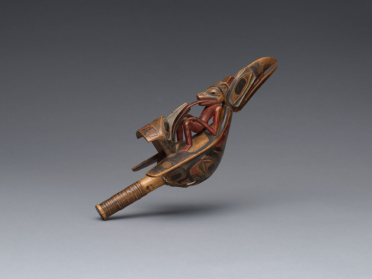 Raven rattle, Attributed to Albert Edward Edenshaw (Haida, 1812–1894), Wood, pigment, glass beads and vegetal fiber, Haida, Native American