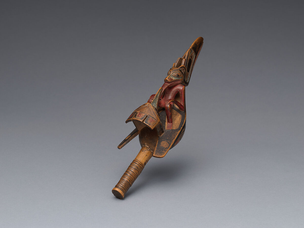 Raven rattle, Attributed to Albert Edward Edenshaw (Haida, 1812–1894), Wood, pigment, glass beads and vegetal fiber, Haida, Native American