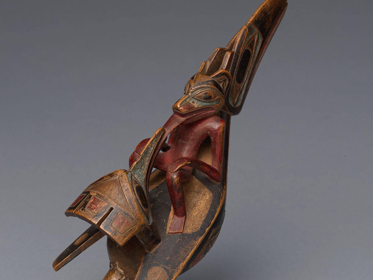 Raven rattle, Attributed to Albert Edward Edenshaw (Haida, 1812–1894), Wood, pigment, glass beads and vegetal fiber, Haida, Native American
