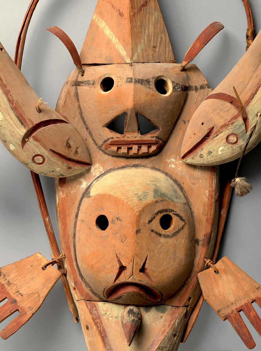 Mask, Wood, pigment, vegetal fiber, iron nails, and feathers, Yup'ik, Native American