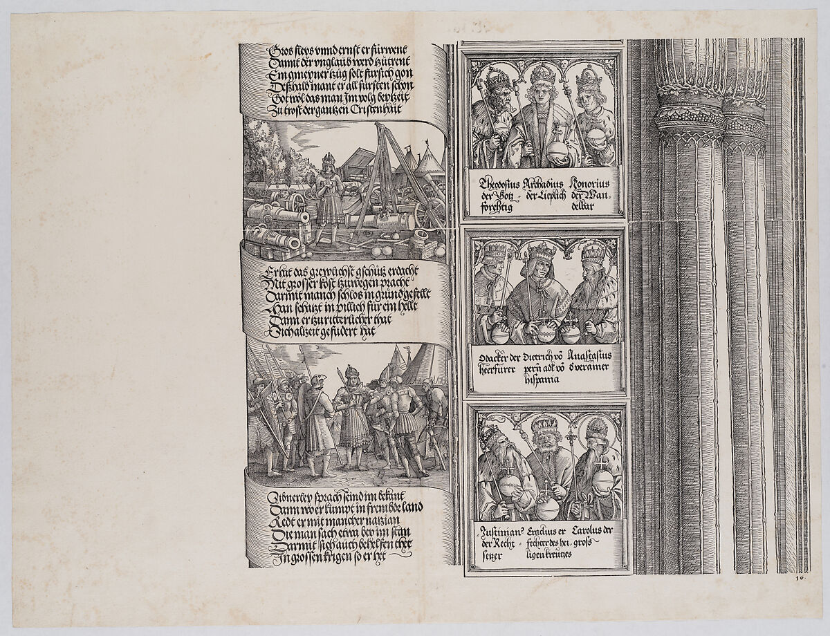 Maximilian as Commander-in-Chief; and Maximilian Conversing in Seven Languages; with Portraits of Emperors and Kings (Maximilian's Forerunners), from the Arch of Honor, proof, dated 1515, printed 1517-18, Albrecht Altdorfer (German, Regensburg ca. 1480–1538 Regensburg), Woodcut and letterpress 