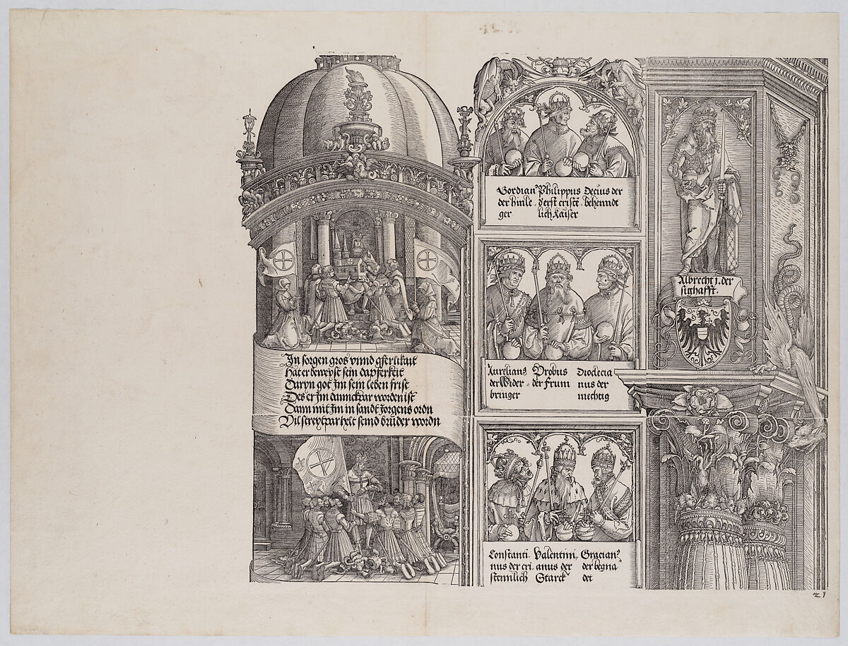 Maximilian as Founder and Protector of the Order of St. George; and Maximilian and the Knights of St. George Vowing a Crusade Against the Turks; with Portraits of Emperors and Kings (Maximilian's Forerunners), from the Arch of Honor, proof, dated 1515, printed 1517-18, Albrecht Altdorfer (German, Regensburg ca. 1480–1538 Regensburg), Woodcut and letterpress 