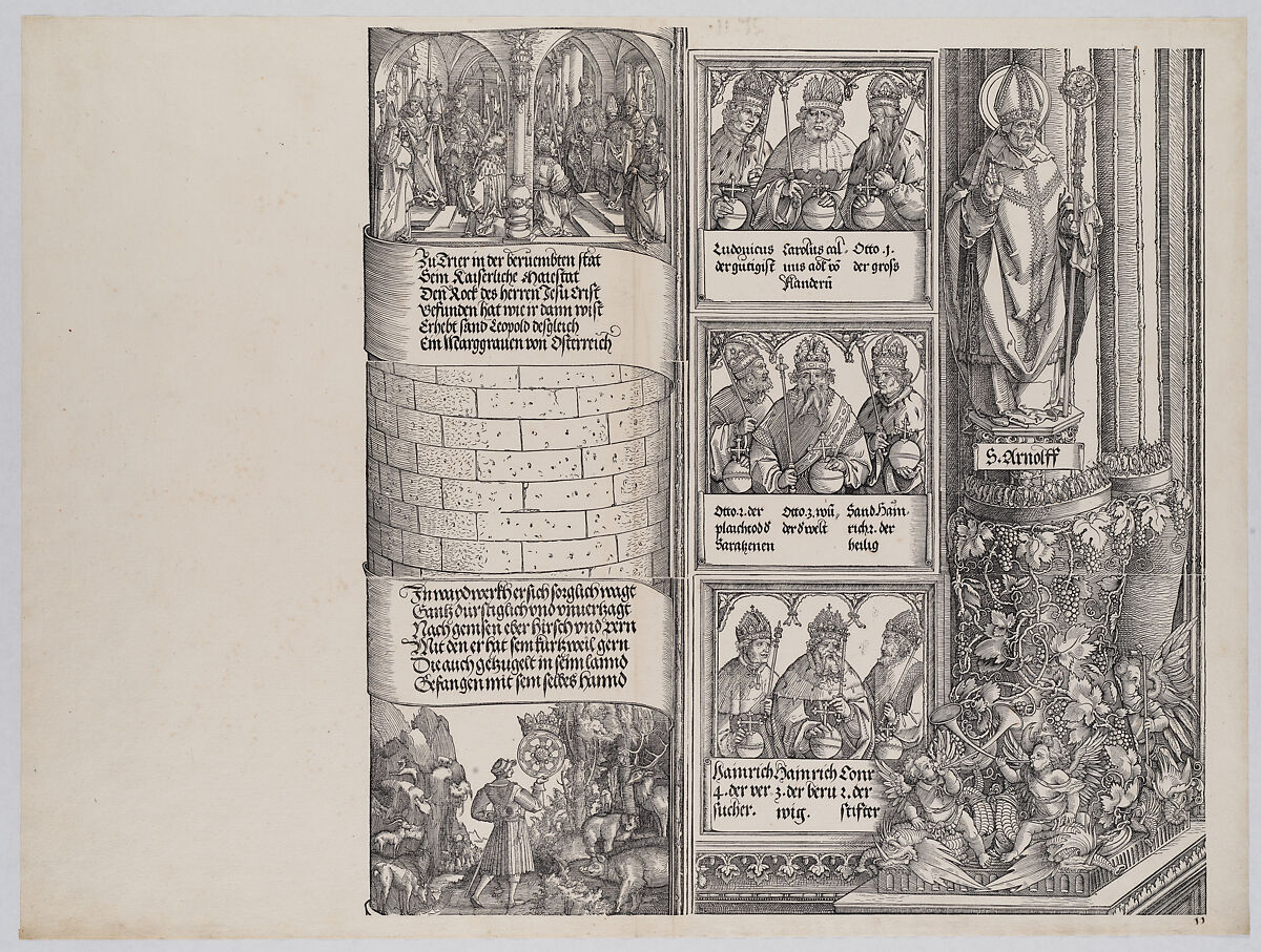 Maximilian's Prowess in the Chase; and The Legend of the Holy Coat of Treves; with Portraits of Emperors and Kings (Maximilian's Forerunners), from the Arch of Honor, proof, dated 1515, printed 1517-18, Albrecht Altdorfer (German, Regensburg ca. 1480–1538 Regensburg), Woodcut and letterpress 