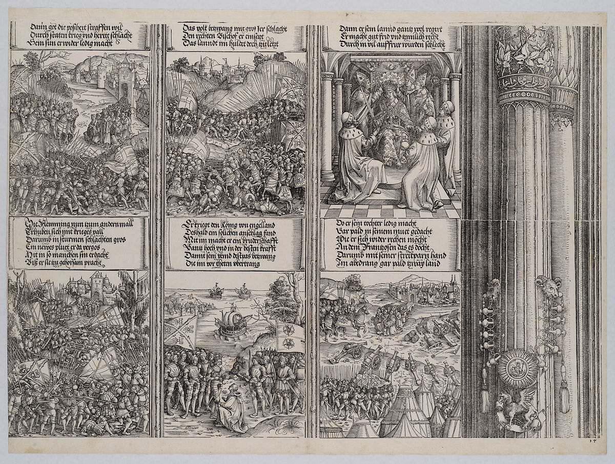 The First Flemish Rebellion; The Campaign Against Liège; The Coronation of Maximilian; The Second Flemish Rebellion; The Alliance Between Philip I of Castile and Henry VII; The Victory Against France, from the Arch of Honor, proof, dated 1515, printed 1517-18, Hans Springinklee (German, ca. 1495–after 1522), Woodcut and letterpress 
