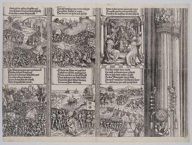 The First Flemish Rebellion; The Campaign Against Liège; The Coronation of Maximilian; The Second Flemish Rebellion; The Alliance Between Philip I of Castile and Henry VII; The Victory Against France, from the Arch of Honor, proof, dated 1515, printed 1517-18