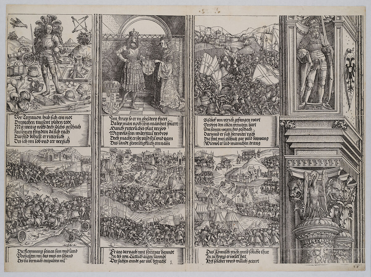 The Betrothal of Mary of Burgundy; Young Maximilian; The Struggle for the Burgundian Succession; The Battle Near Therouanne; The War in Guelderland; and The Utrecht Feud, from the Arch of Honor, proof, dated 1515, printed 1517-18, Albrecht Dürer (German, Nuremberg 1471–1528 Nuremberg), Woodcut and letterpress 