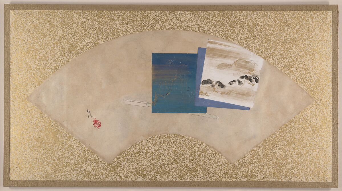 Three Landscapes, Shibata Zeshin (Japanese, 1807–1891), Fan painting mounted as album leaf; tempera on paper, Japan 