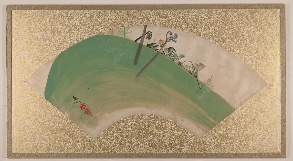 Flowers on Grass, Shibata Zeshin (Japanese, 1807–1891), Fan painting mounted as album leaf; tempera on paper, Japan 