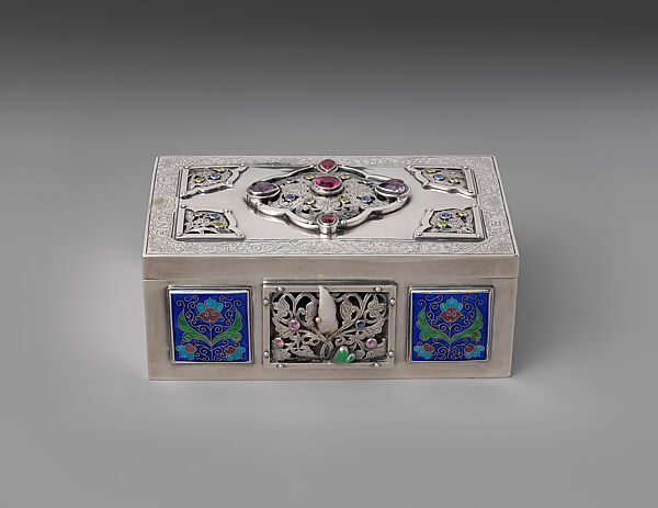 Box, Laurence B. Dixon (American), Silver, enamel, garnet, rose quartz, rubellite, sapphire, peridot, chalcedony, and shell, American 