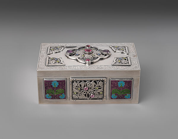 Box, Laurence B. Dixon, (American, 1870–1953), Silver, enamel, garnet, rose quartz, rubellite, sapphire, peridot, chalcedony, and shell, American